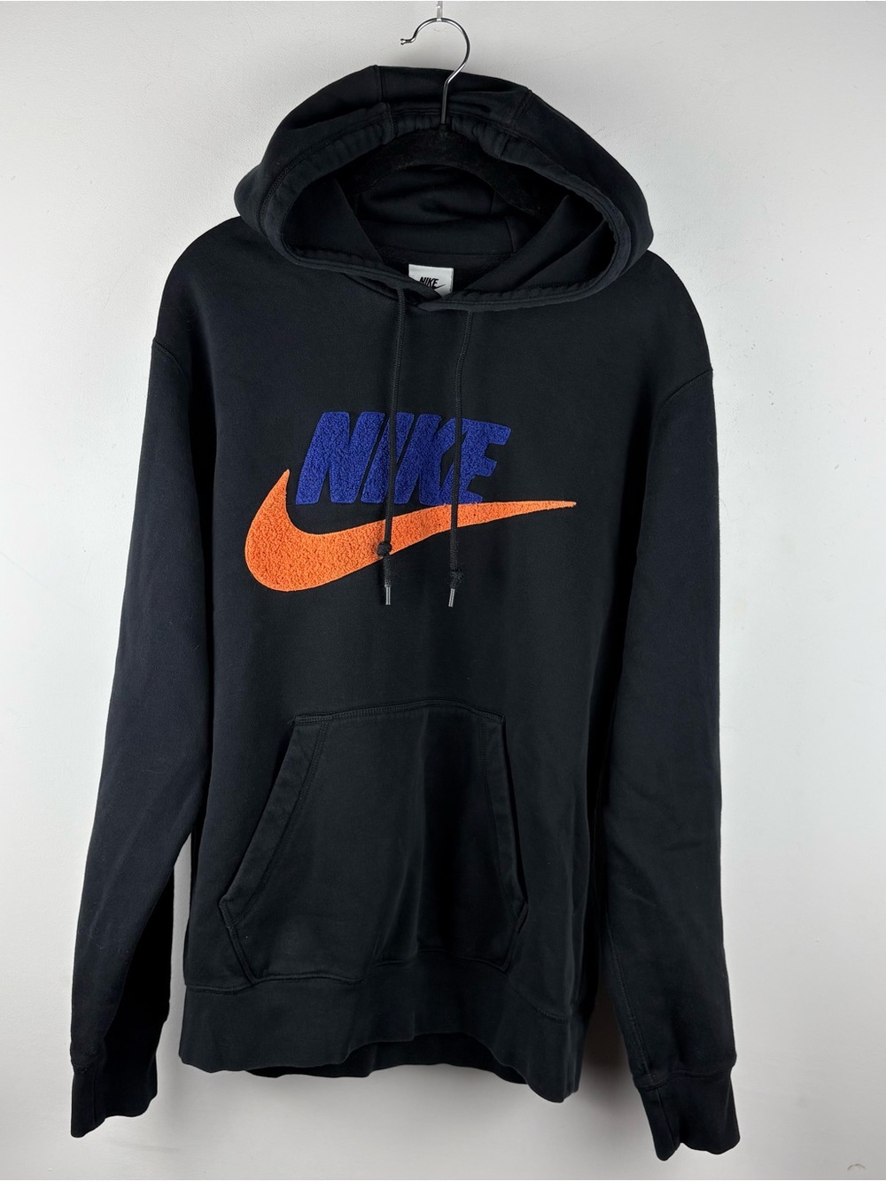 Nike Mens Club Chenille Futura Fleece Logo Hoodie Pullover Sweatshirt Black Ss S